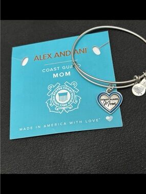 Alex and Ani Coast Guard Mom Silver Bangle with Blue Heart Charm